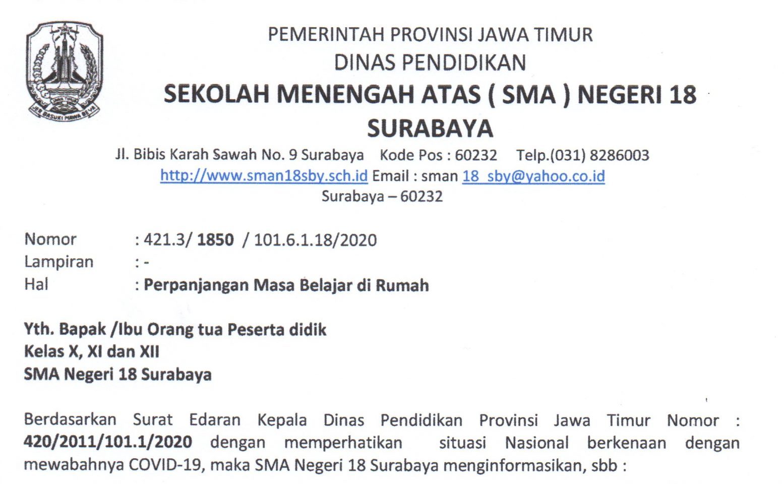 Informasi Perpanjangan Belajar di Rumah